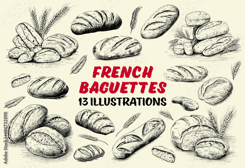 Collection of drawn french baguettes. Sketch illustration	