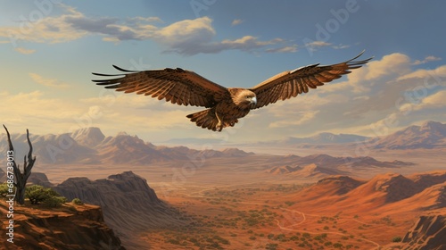 A hawk in flight, its keen eyes fixed on the distant desert horizon, a symbol of mastery over the arid terrain.