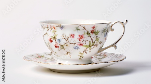 a high-quality photograph with a pure white backdrop, capturing the intricate details of a delicate porcelain teacup.