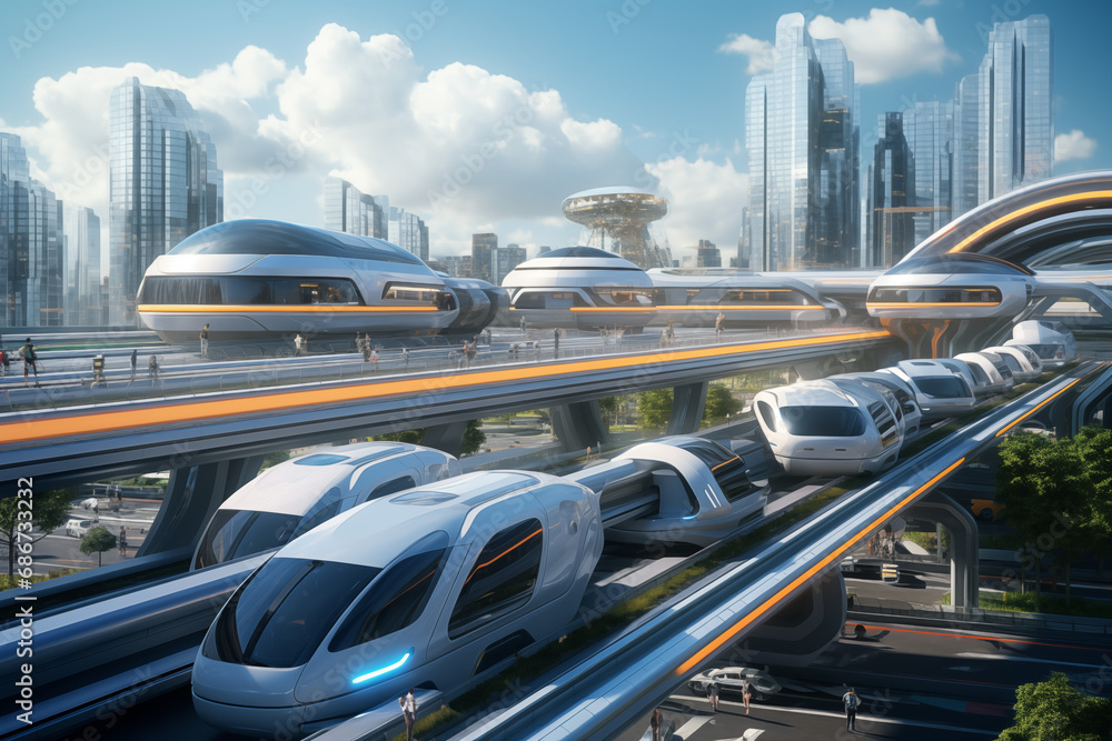 Futuristic transportation hub with magnetic levitation. - obrazy, fototapety, plakaty 