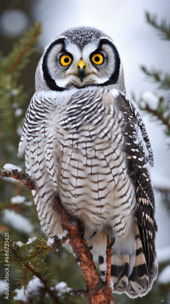 Fototapeta premium Northern Hawk Owl close up