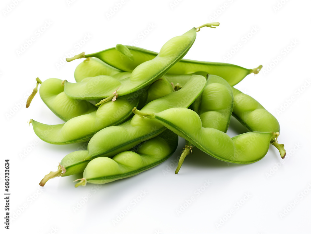 Japanese edamame beans isolated on a white background. Green soybeans. Japanese edamame beans isolated on a white background. Green soybeans.