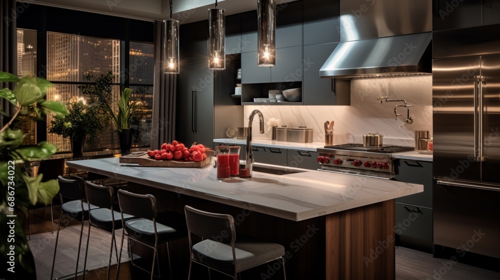 a kitchen with sleek stainless steel appliances, under soft pendant lighting.