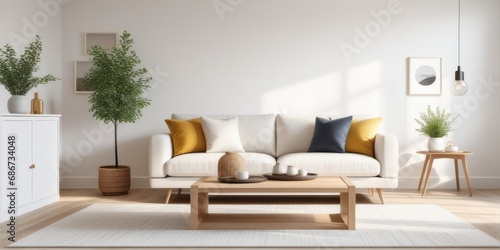 Interior design photo frame mock-up living room minimalist cozy Scandinavian style. sofa  tropical plant  pillows  blanket and lamp