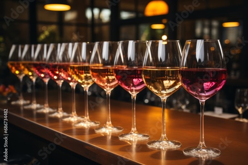 Beautifully aligned glasses on the bar counter set the stage for a tasting experience, offering an array of wines and drinks to choose from.
