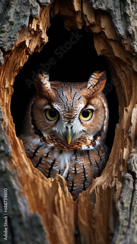 Eastern Screech-Owl in a tree close up