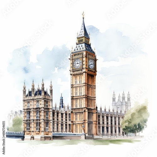 Watercolor Big Ben single white background. AI generate illustration