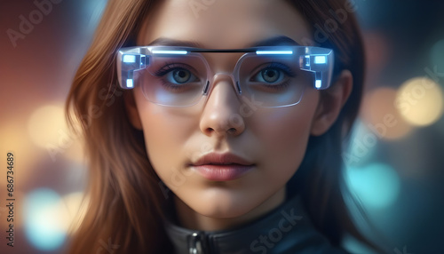 Woman with futuristic tablet in hand. Female using VR glasses. Augmented reality, future technology concept Futuristic holographic interface to display data created with generative ai