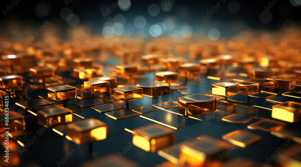 Obraz premium A vibrant web of golden and blue geometric connections on a digital plane.