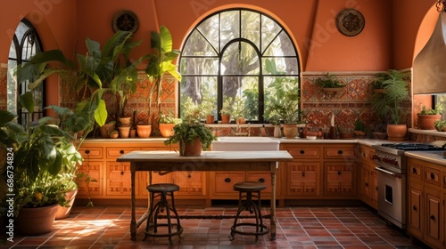 a Mediterranean-inspired kitchen with terracotta tiles  wrought iron accents  and a sunny  arched window.