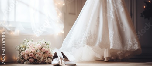 Elegant wedding dresses and shoes with bouquets displayed in the bridal dressing room
