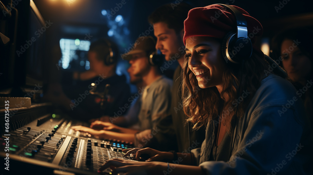Photo of a diverse group of young adults collaborating in high-tech music studios, recording an inspiring song, smiling and enjoying the creative process - obrazy, fototapety, plakaty 