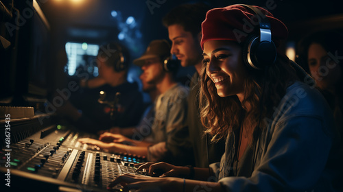 Photo of a diverse group of young adults collaborating in high-tech music studios, recording an inspiring song, smiling and enjoying the creative process