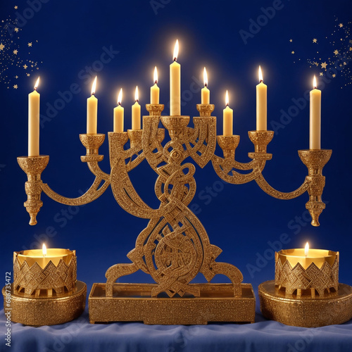 Hanukkah, ttaditional jewish holiday greeting background design with Menorah and candles. photo