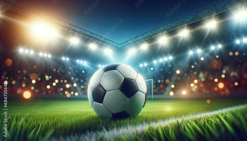 Naklejka premium Stadium Lights Illuminating Soccer Ball on Field at Night