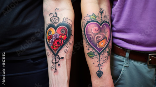 concept of valentine's day, love, old age, fidelity. hands of an elderly couple close-up. The lovers got a heart tattoo as a sign of love for each other.