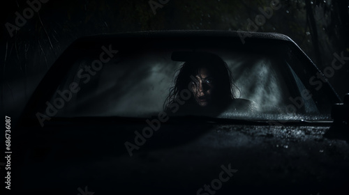 Scary horror dark picture of a woman in car lost in dark deep forest, movie still photo