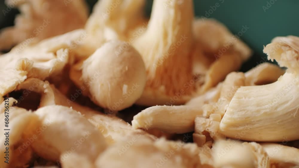 Woman hand holds a basket of lung oyster mushrooms. Close up of supermarket farmer food. Woman hand holds a basket of lung oyster mushrooms. Close up of supermarket farmer food.