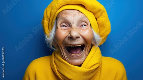 Smiling Elderly Person Wearing Yellow Clothes with Grey Hair and Blue Background