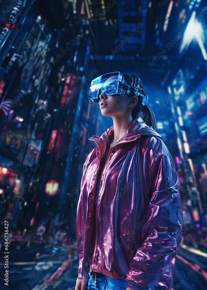 Woman wearing virtual reality glasses, generative ai