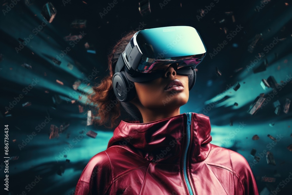 Woman wearing virtual reality glasses, generative ai Woman wearing virtual reality glasses, generative ai
