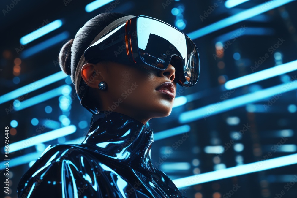 Woman wearing virtual reality glasses, generative ai Woman wearing virtual reality glasses, generative ai