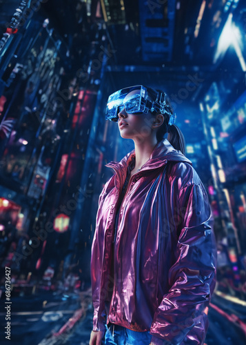 Woman wearing virtual reality glasses  generative ai