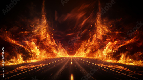 Intense 3D Render of Blazing Flames and a Fiery Road Over a Black Background - Powerful Abstract Concept Illustrating Heat and Dynamic Energy in Motion.