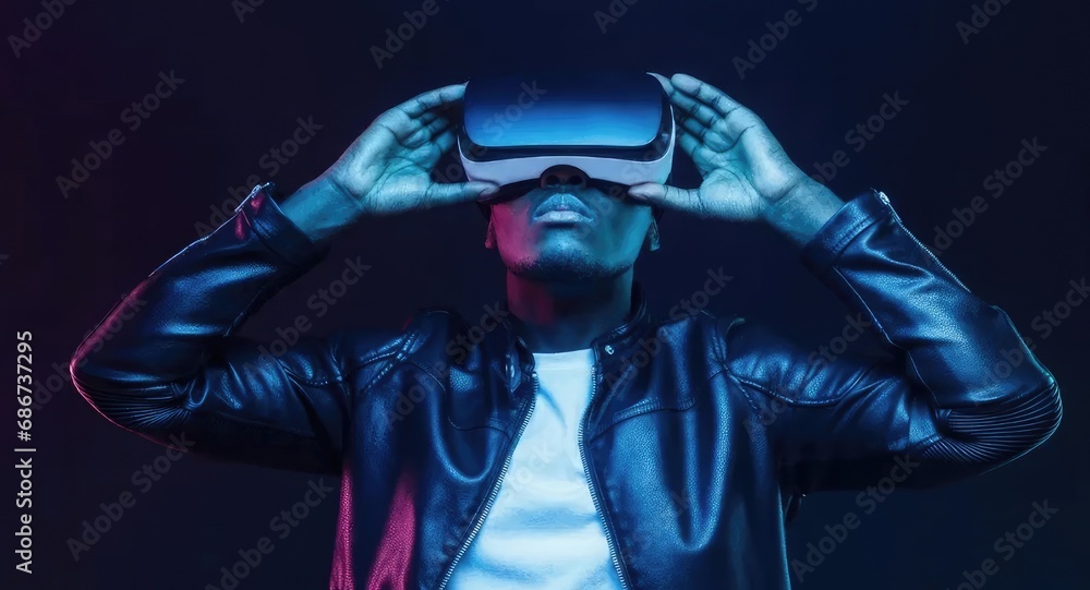 Naklejka premium Man wearing virtual reality glasses, generative ai