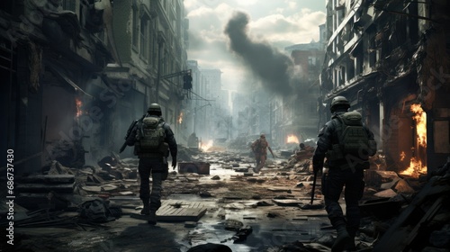 war. soldiers walk through the destroyed city after the bombing.