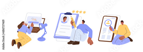 Job seeking and career development concept illustration. Collection of characters searching for new job or career position and filling job application at employment website. Vector illustrations set.