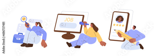 Job searching and career development concept illustration. Collection of characters looking for new job vacancy or career position at employment website. Vector illustrations set. 