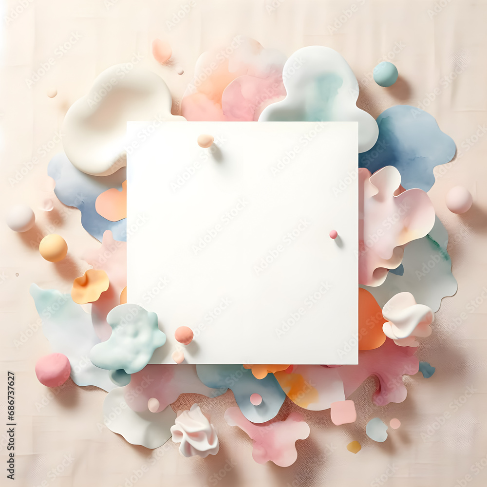 Fototapeta premium Square shape White card with blank copy space decorated with minimal decorations style on fabric pastel color background, studio light, top view, flat lay