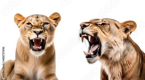 An Aggressive Roaring Lioness: Portrait Collection, Isolated on Transparent Background, PNG