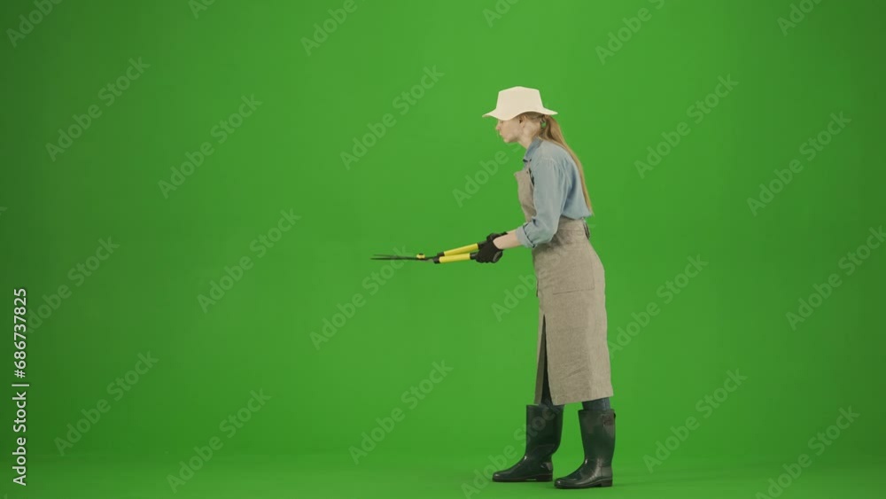 Portrait of female in apron and rubber boots on chroma key green screen. Woman gardener trims a bush with special garden shears, looking at results. Portrait of female in apron and rubber boots on chroma key green screen. Woman gardener trims a bush with special garden shears, looking at results.