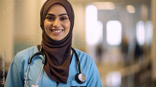 Close up portrait of a friendly and confident Muslim female doctor smiling