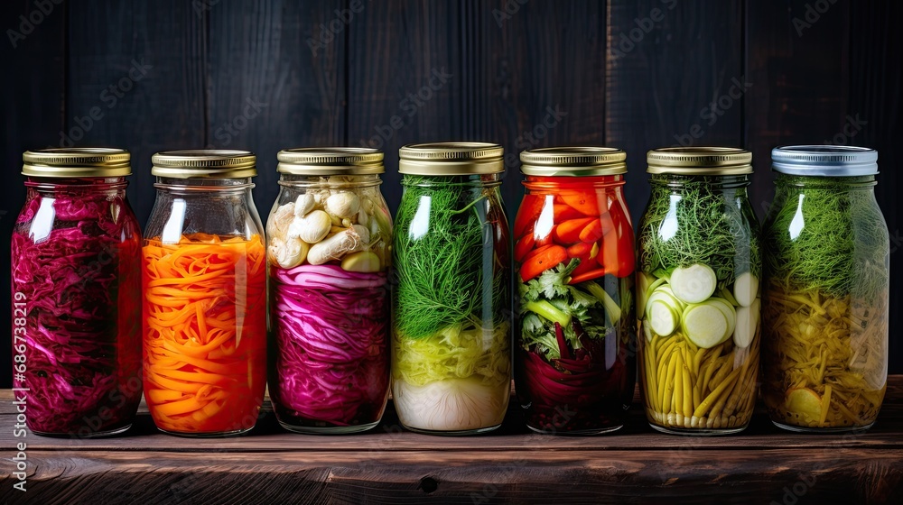 Fermented vegetables in glass jars on a wooden background. Fermented vegetables in glass jars on a wooden background.