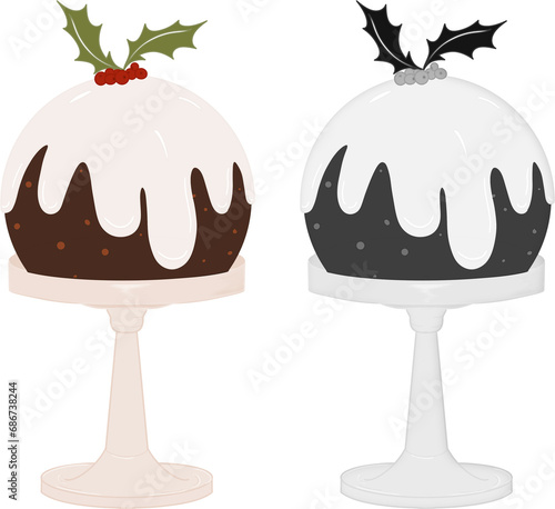 Christmas Pudding on cake stand illustrations. One Colour, One Black White/grey. Topped with sprig of holly and berries. Christmas dinner table decor. Xmas holiday food.