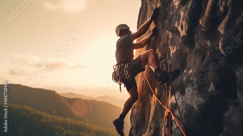 real men do rock climbing in the mountains photo