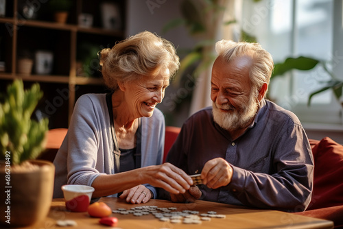 Happy senior couple playing dominoes at home. They are smiling and looking at each other.