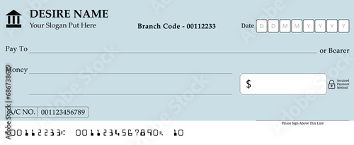 A Blank Checkbook With a Blue and Gray Background, a Bank Check Page With Fake Information