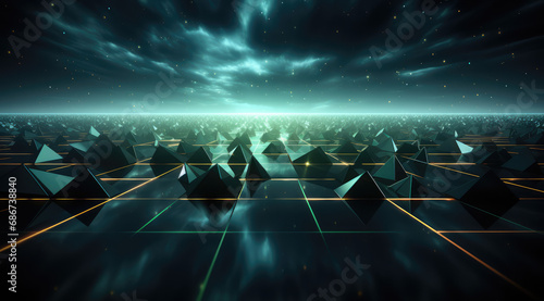 Dark geometric shapes with glowing prats resembling an alien looking abstract floor. photo
