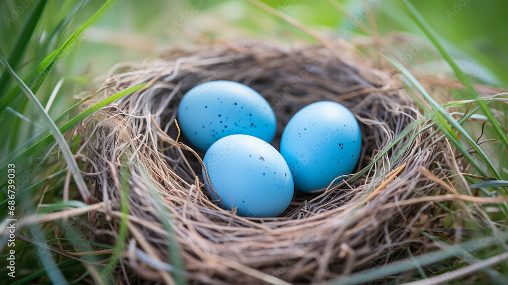 A nest of dry hay with Easter blue eggs, lying in the green grass. Natural Easter decoration. A nest of dry hay with Easter blue eggs, lying in the green grass. Natural Easter decoration.