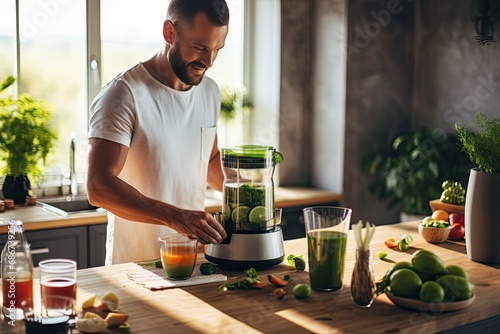 Man Making Healthy Juice Drink With Fresh Ingredients In Electric Juicer After Exercise