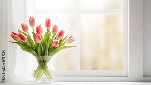 Bouquet of tulips in a vase on the windowsill