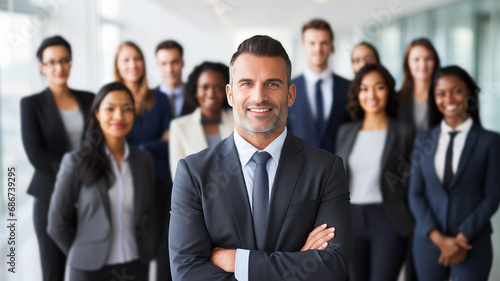 Confident Business Leader with Diverse Team