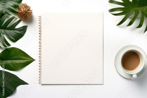 White empty blank mockup with glasses, coffee and green plants