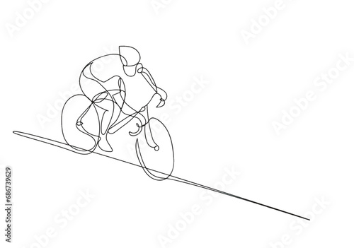 Continuous one line drawing of a cyclist on a white background.