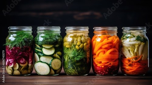 Homemade fermented vegetables in glass jars on a wooden background. Selective focus.