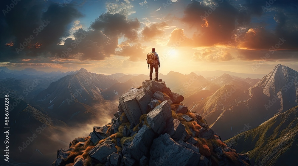 Magical Fantasy Adventure Composite of Man Hiking on top of a rocky mountain peak - obrazy, fototapety, plakaty 